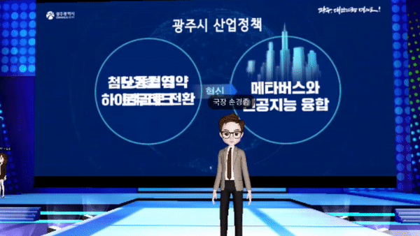 'AI-메타버스 융합도시 광주' 비전 보고회에서 정책 보고를 하고 있는 손경종 광주시 인공지능산업국장 아바타. (사진=ifland 캡처).  