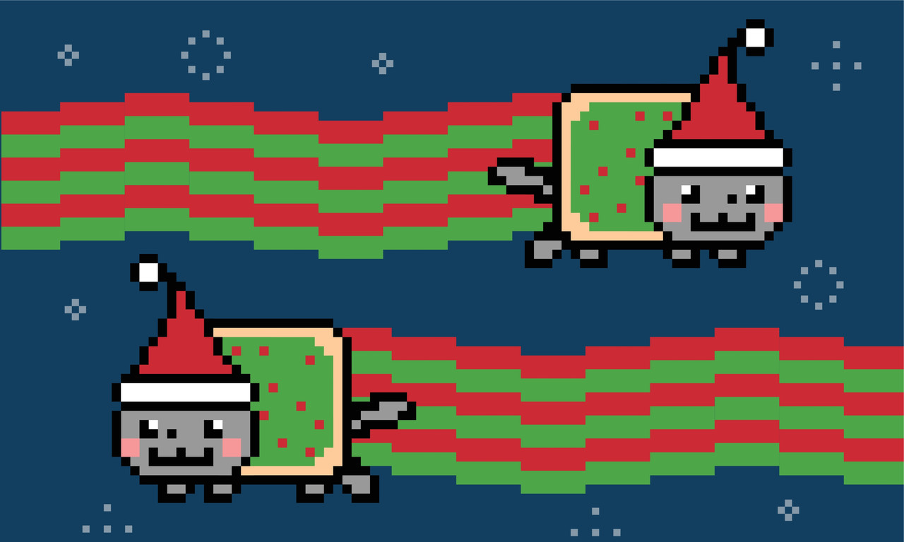 붉은색과 초록색 줄무늬 연기를 내뿜는 쌍둥이 크리스마스 고양이 그림의 디지털 아트. (출처=셔터스톡)