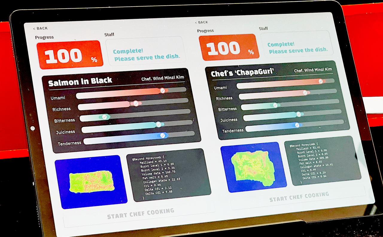 비욘드허니컴은 이번 CES 2022에서 인공지능(AI) 기술을 활용해 농심의 '짜파구리'를 내놔 수많은 관람객들의 입맛을 사로잡았다. 푸드 센서와 쿠킹 로봇 기반의 AI 셰프 솔루션은 해당 메뉴의 조리 과정을 분자 단위로 학습한 후 자동화된 쿠킹로봇을 통해 균일한 맛과 식감을 그대로 재현한다. (사진=비욘드허니컴).