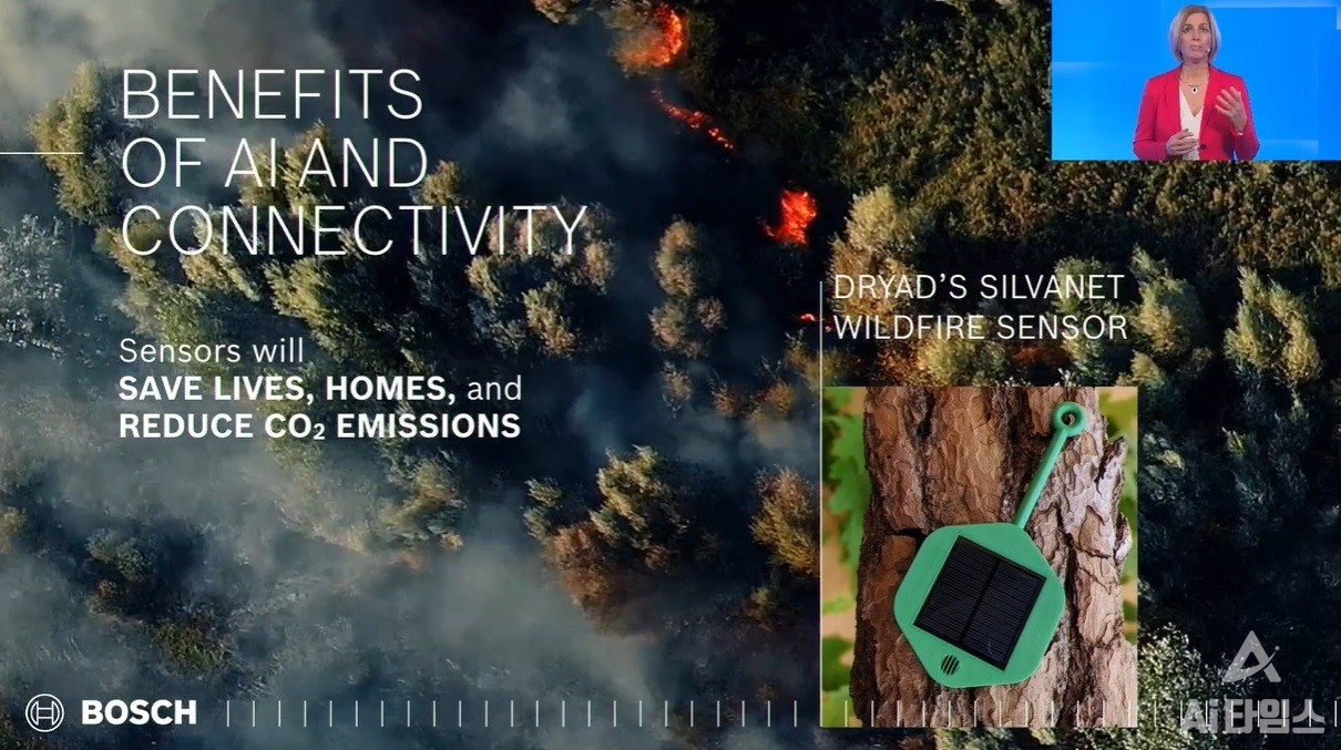 보쉬는 AIoT 기술 성과로 나무에 센서를 탑재해 산불을 조기감지하는 기술을 선보였다. 이 기술로 탄소 배출 감소에 기여하고 있다고 설명했다. (출처=CES 기자회견 캡처)