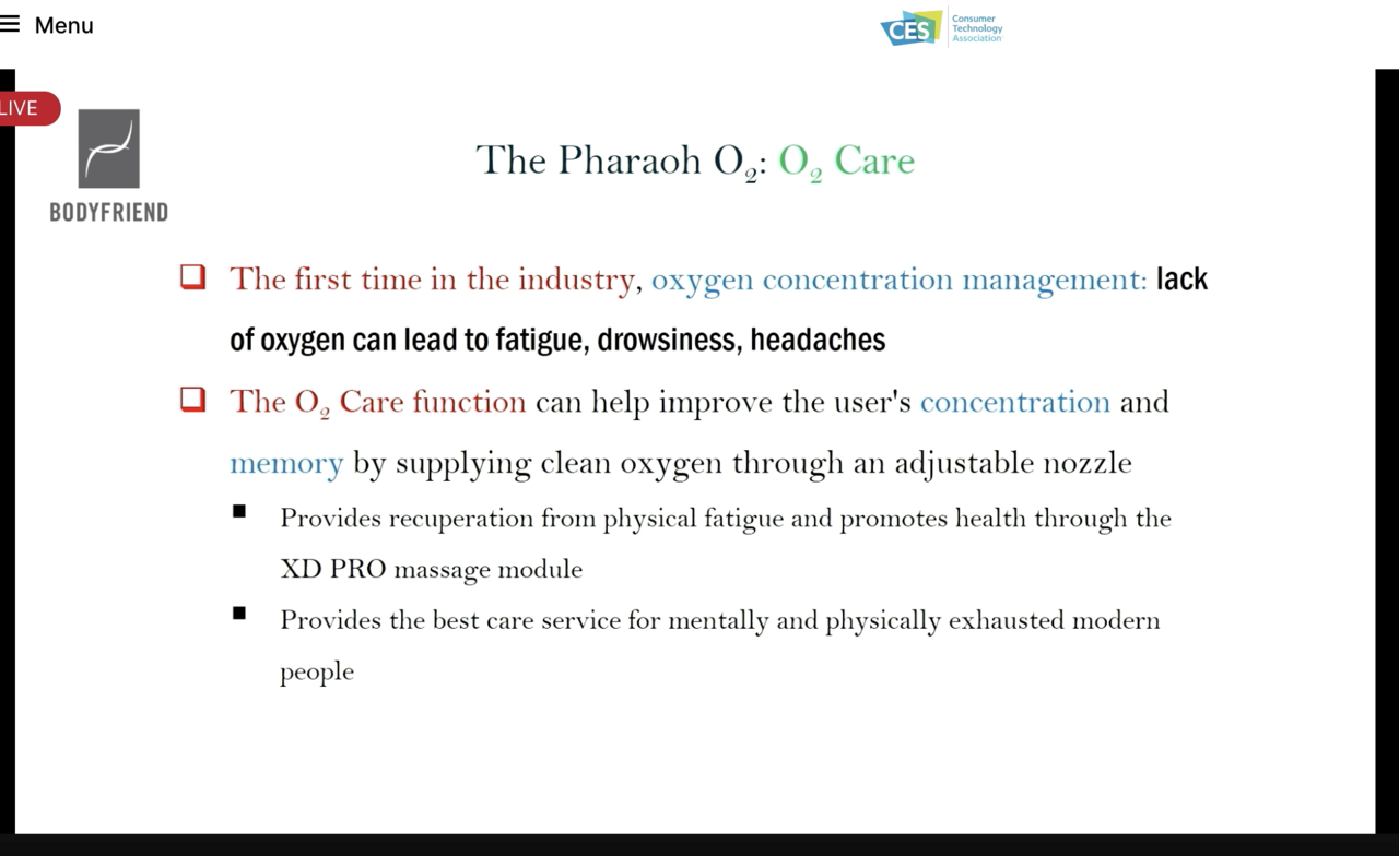 업계 최초로 산소 농도 관리하는 헬스케어로봇 '더파라오 오투' (출처=CES 2022 행사 캡처)