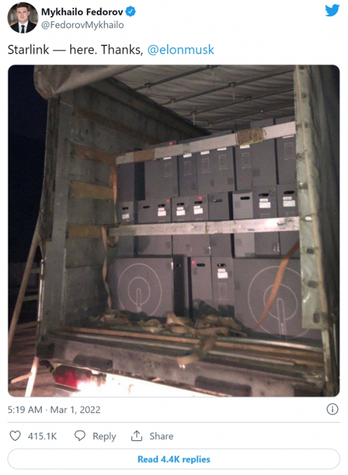 인터넷 서비스 스타링크 단말기가 실려 있는 모습. 미하일로 페도로프 우크라이나 부총리 겸 디지털혁신부 장관이 1일 트위터에 일론 머스크에게 감사의 메시지를 전하며 게시한 사진. (사진=트위터)