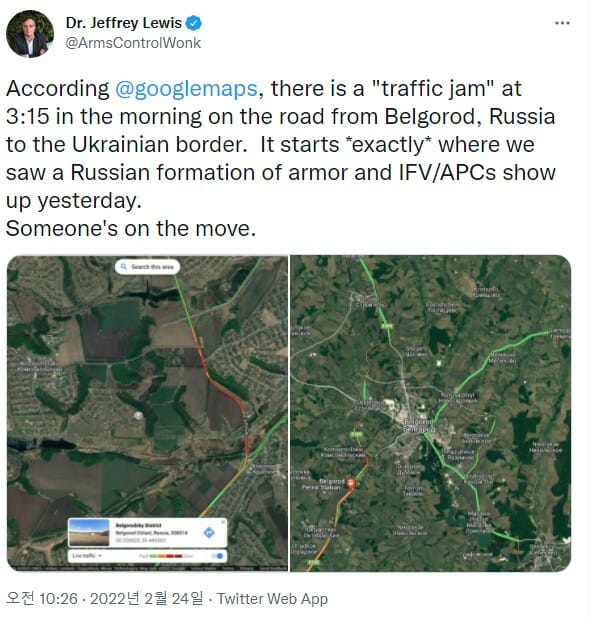 구글맵에서 24일 오전 3시 15분 러시아 벨고로드에서 우크라이나 국경으로 가는 도로에서 ‘교통 체증’이 확인된다.(사진=제프리 루이스 교수 트위터 캡처)