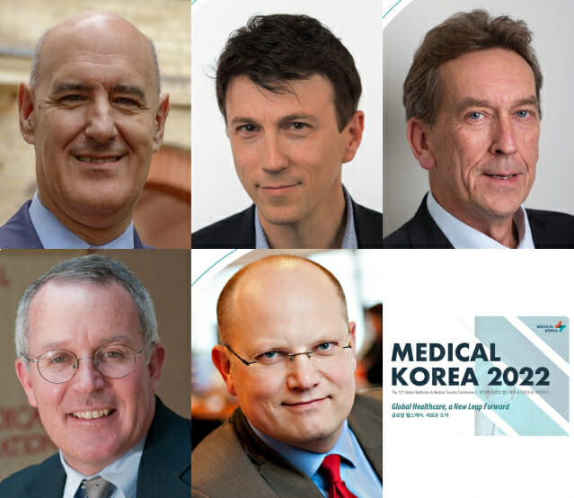 ‘메디컬코리아 2022’가 3월 10일과 11일 온·오프라인으로 동시 개최된다. 사진은 이번에 기조연설 및 연사로 참여하는 헬스케어 분야 해외인사들. (반시계방향으로) 키이스 폴라드 IMTJ 편집장, 다니엘 크래프트 싱귤래리티대의대 학장, 마우로 기옌 캠브리지대학 저지경영대학원장, 데이비드 베이츠 하버드의대 교수, 닐스 반 나멘 CEVA Global Health 부사장 (사진=한국보건산업진흥원)