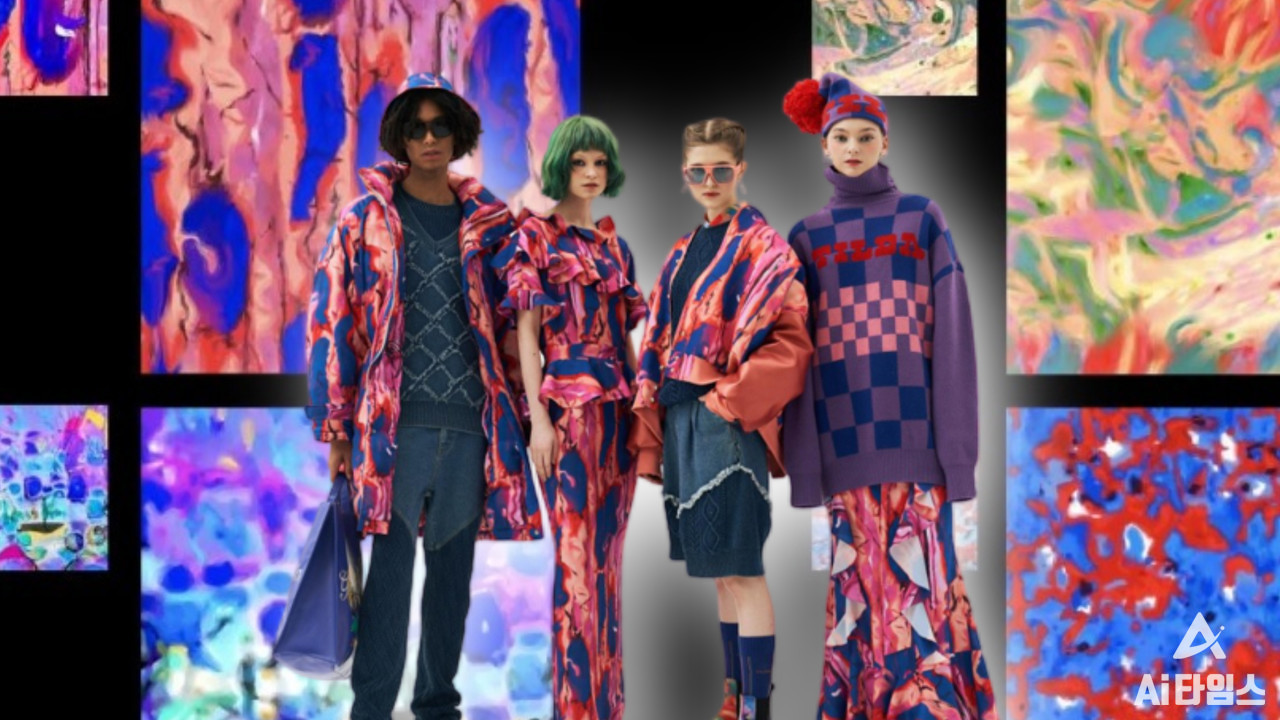 틸다가 창작한 패턴 이미지(배경)를 그대로 확장해 의상으로 제작한 사례. (사진=LG AI연구원, 편집=김동원 기자)