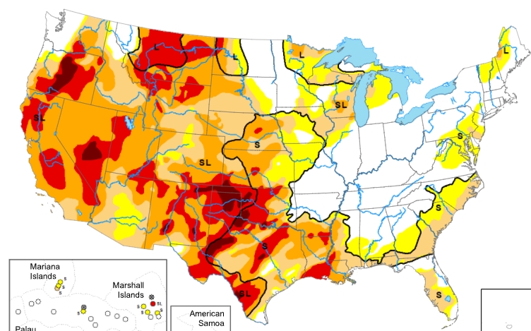 미국의 가뭄 정도를 나타내는 지도. 붉은색에 가까울수록 가뭄이 심하다는 뜻이다. 지도를 살펴보면 남부와 서부지역의 가뭄이 심각하다는 것을 확인할 수 있다. (사진=미국 가뭄모니터 홈페이지).