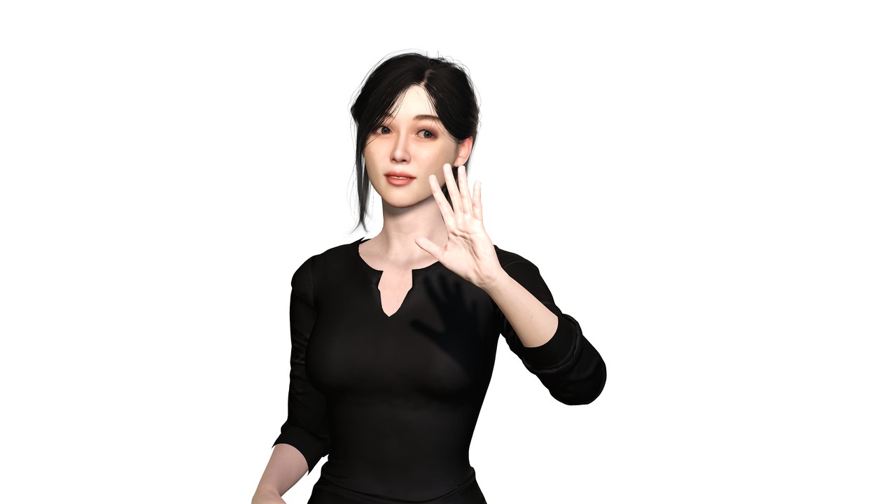 가상인간 엘비가 손을 들어올리며 포즈를 취하고 있다. (사진=블루캡슐 제공).