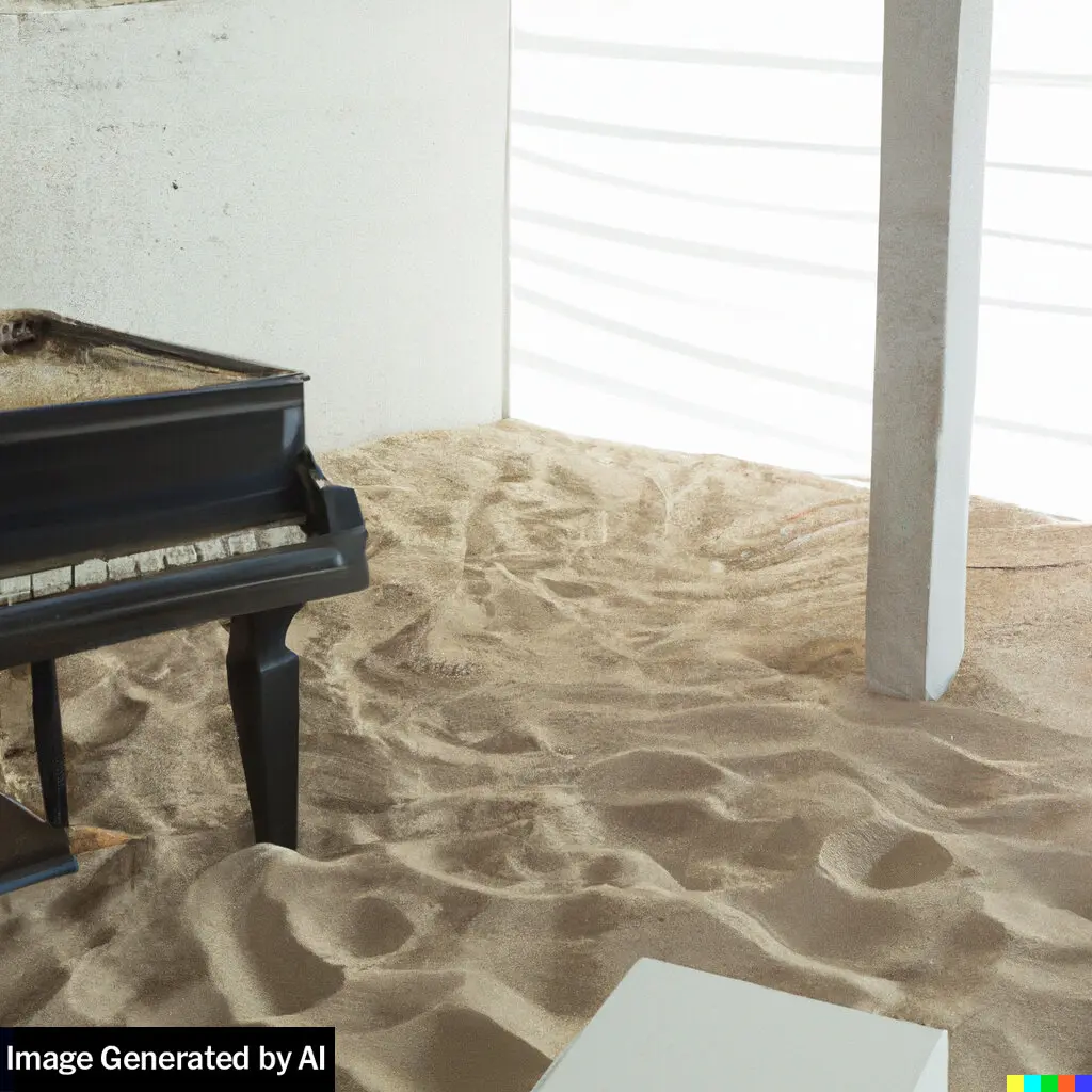 DALL-E 2는 ‘모래로 가득 찬 거실, 바닥에 모래, 방에 피아노’를 요청했을 때 이 이미지를 생성했다.(사진=오픈AI)