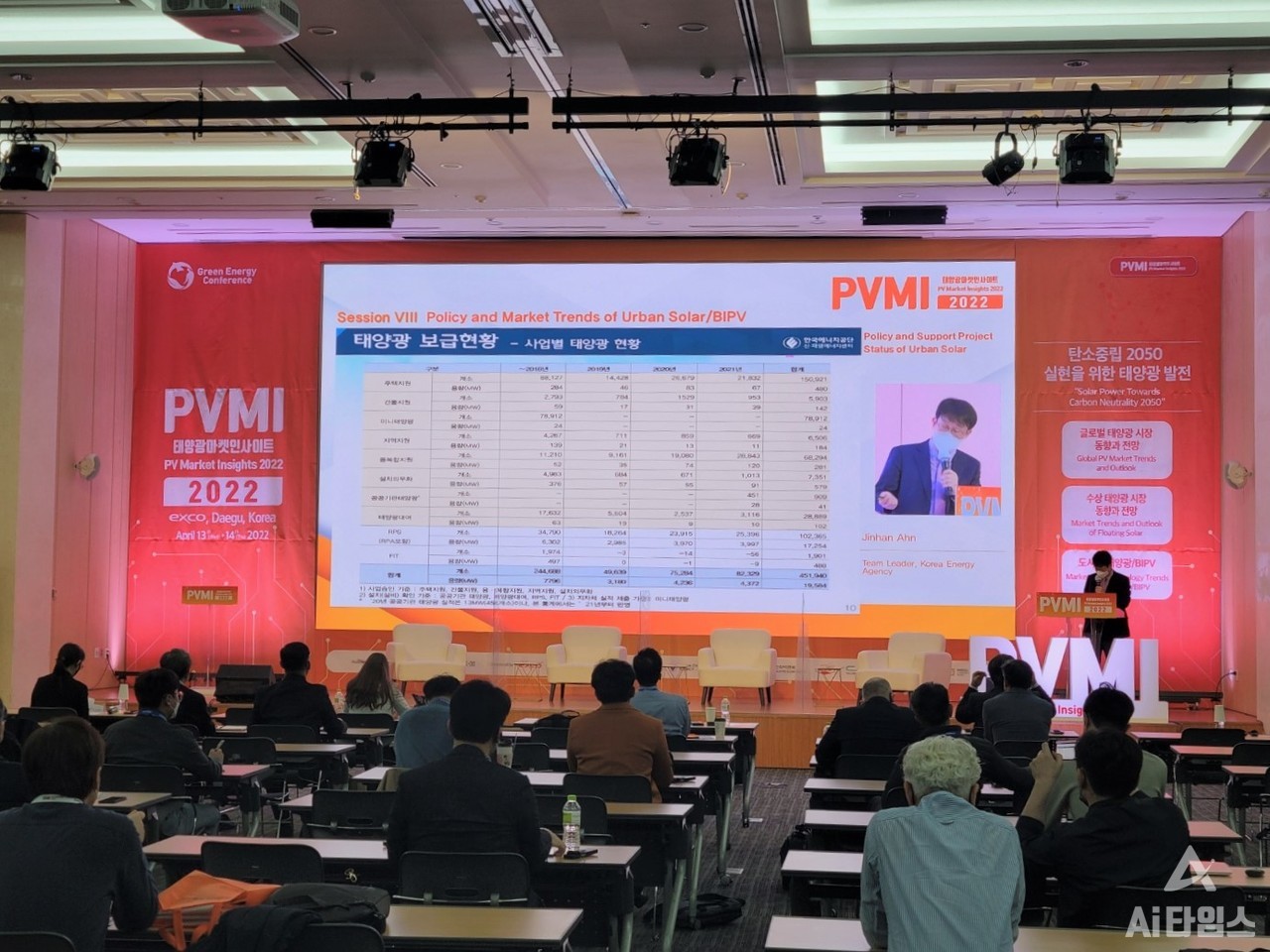 14일 '2022 태양광 마켓 인사이트(PVMI 2022)'에서 주제 발표를 하고 있는 안진한 한국에너지공단 팀장. (사진=AI타임스).