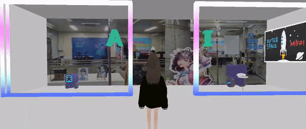 지난해 금남로4가역에서 개관한 인공지능(AI) 문화체험관도 메타버스 가상공간에 구현돼 있었다. 메타버스 속의 AI 문화체험관에서는 2개의 귀여운 사각형 로봇이 굴러다니고 있었다. (사진=제페토 캡처).