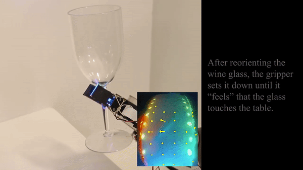 MIT 연구진은 카메라 눈에 촉각 센서를 더해 물체의 기울어진 방향까지 파악하도록 했다. 로봇 손은 와인 잔을 들었다 내려놓는 실험에서 한 번도 깨뜨리지 않았다. (사진=MIT CSAIL)