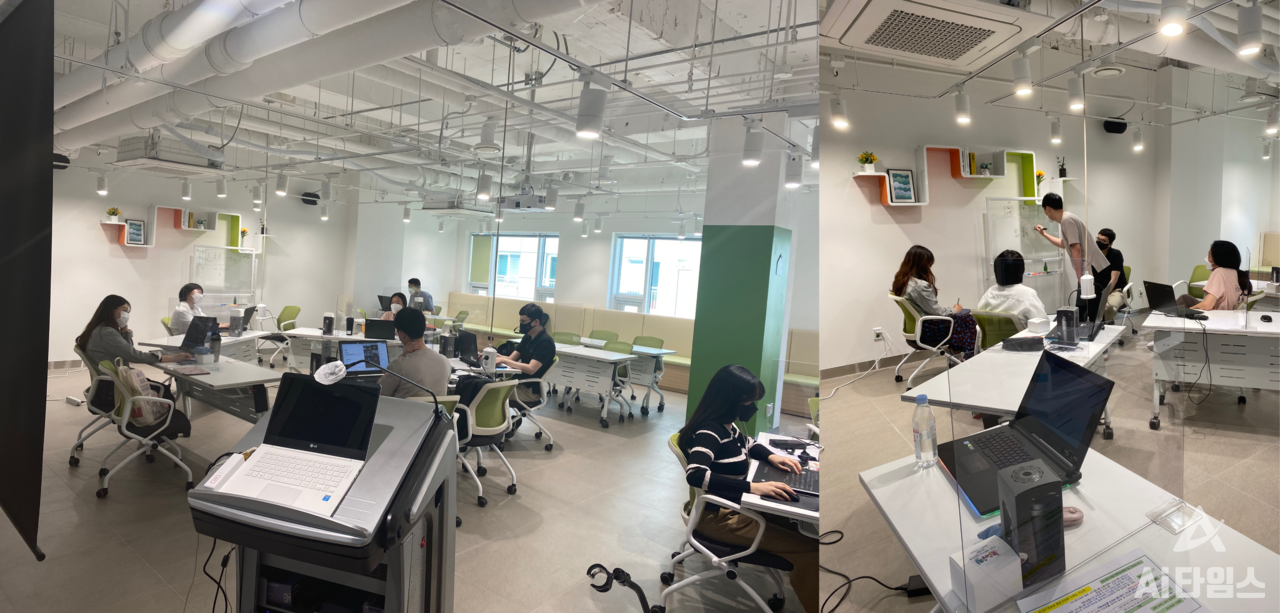 모두의연구소 아이펠에서 수강생들이 토론을 하며 AI 공부를 하고 있다. (사진=모두의연구소)