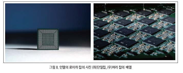 인텔의 뉴로모픽 AI 칩 ‘로이히(Loihi)’: 단일칩(좌) 여러 칩의 배열(우).(사진=인텔)