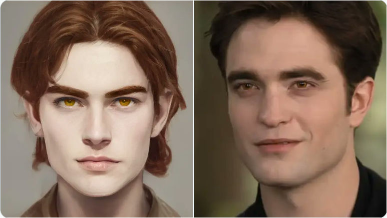 인공지능(AI) 기반 이미지 제작 프로그램 '아트브리더(Artbreeder)'를 통해 생성된 '트와일라잇' 원작소설 남주인공 에드워드 컬렌(왼쪽)과 영화에서 에드워드 역을 맡은 로버트 패틴슨(오른쪽). (사진=BuzzFeed).