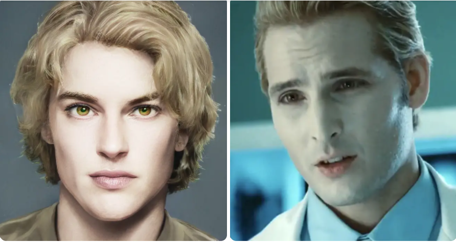 인공지능(AI)이 생성한 '트와일라잇' 원작소설의 칼라일 컬렌(왼쪽)과 칼라일 컬렌 역의 피터 파시넬리(오른쪽). (사진=BuzzFeed).