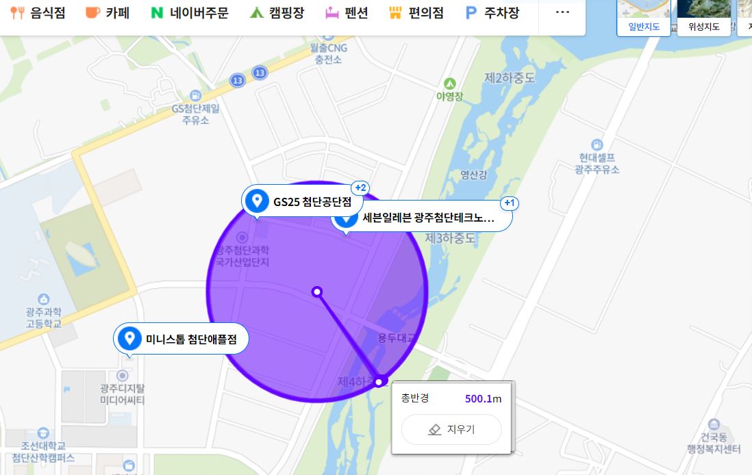 인공지능사관학교의 교육장으로 쓰였던 광주과학기술진흥원 반경 500m 주변 편의시설은 편의점 단 3곳뿐이었다. (사진=네이버지도).