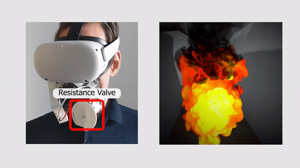 사용자가 가상현실에서 화재상황에 처했을때 마스크가 호흡을 제한한다. (사진=유튜브 MultiMediaTechnology 채널 캡쳐).