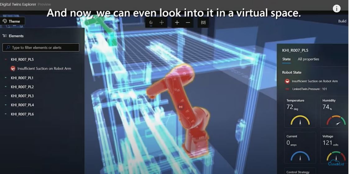  공장 로봇에 오작동이 생기자 공장과 똑같이 구현해논 디지털트윈(메타버스)공간에도 동시에 붉은 경고등이 켜졌다. (사진=MS 유튜브 캡쳐) 
