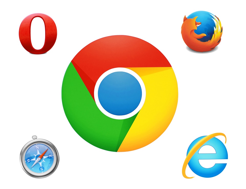 인터넷 익스플로러의 느린 구동을 개선하기 위해 개발된 크롬(중앙), (좌측 상단부터 시계방향)오페라, 파이어폭스, IE, 사파리 브라우저 로고 이미지(사진=셔터스톡)