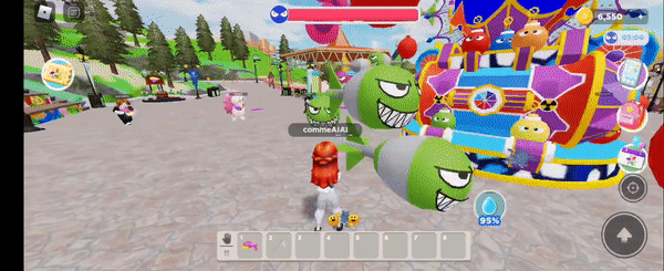 메타에버랜드 카니발광장에서 물총 퍼레이드 '슈팅워터펀'이 펼쳐졌다. 신나게 물총 싸움을 하고 있는 아바타. (사진=로블록스 플래이댑 랜드 캡처). 