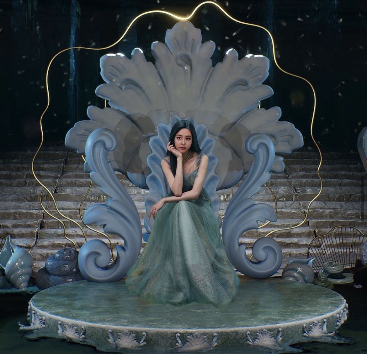 최근 버추얼 휴먼 루이로 화제가 됐던 디오비스튜디오에서 또 다른 버추얼 휴먼을 선보였다. 청록빛 머리카락에 깊고 푸른 눈망울을 가진 이 여성의 이름은 '아일라' .조개 모양을 형상화 한 '왕좌'에 앉아 팔을 괴고 있는 모습은 단연 눈에 띈다. (사진=디오비스튜디오 제공).