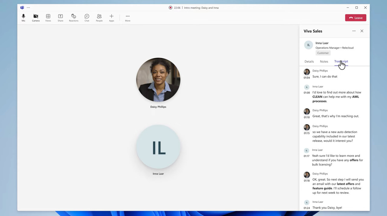 마이크로소프트 비바 세일즈 트랜스크립트 기능 참고 이미지. (사진=MS)