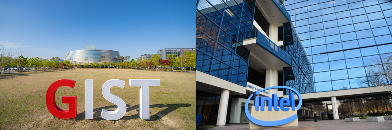 광주과학기술원(지스트‧GIST)과 인텔코리아는 프로그래밍이 가능한 비메모리 반도체의 일종인 FPGA(Field Programmable Gate Array) 분야의 인재 양성과 경쟁력 강화를 위해 23일 서면으로 업무협약(MOU)을 체결했다. 지스트 캠퍼스(왼쪽)와 인텔 본사(오른쪽). (사진=지스트 제공).