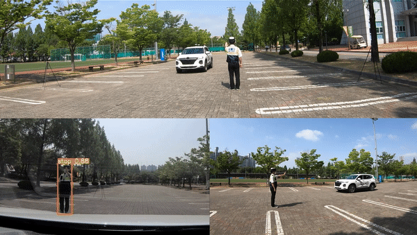 자율주행 차량이 목적지 주행 도중 경찰의 정지 수신호를 인지해 멈췄다가 정지 수신호를 해제하자 다시 출발하는 모습. (영상=지스트 제공).