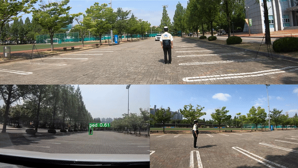 이용구 지스트 교수 연구팀은 정보통신기획평가원(IITP) 주관 하에 경찰의 정지 수신호를 자율주행 자동차가 인식해 정지하는 시나리오로 차량 시연을 진행했다. 자율주행 차량이 목적지 주행 도중 정지 수신호를 인지해 멈춘 모습. (영상=지스트 제공).