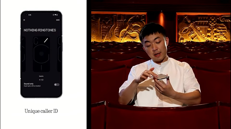 Nothing의 창립자 칼 페이(Carl Pei)가 Phone1 제품 소개 영상에서 그리프 인터페이스의 기능을 소개하고 있다. (사진=Nothing 공식 유튜브 채널)
