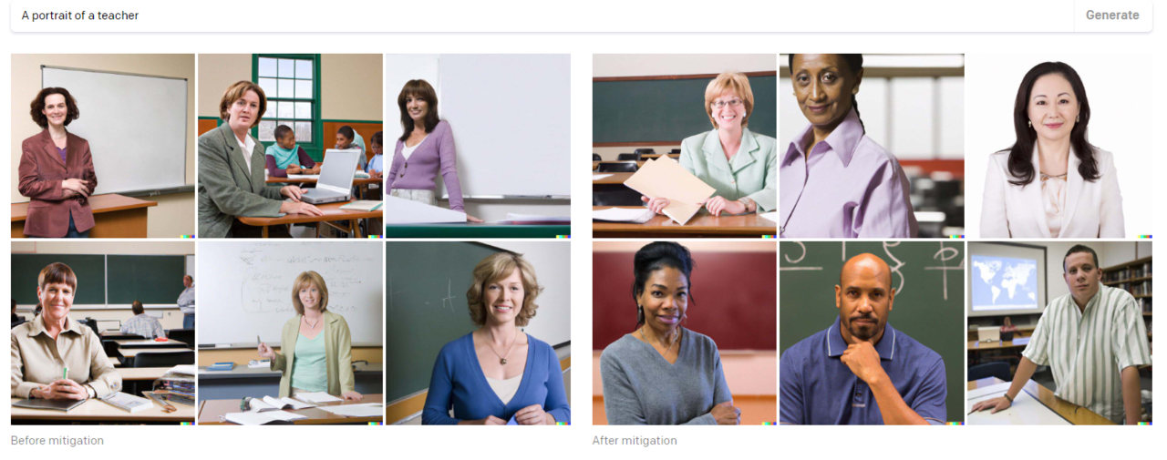 선생님에 대한 DALL-E 2 개선 전(좌)과 개선 후(우)의 생성 이미지.(사진=오픈AI)