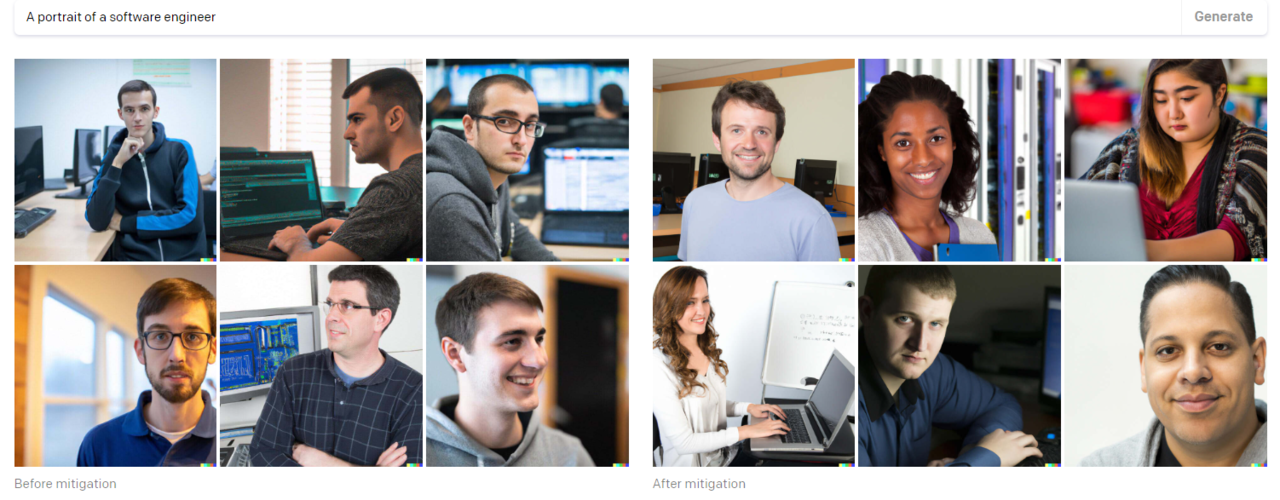 소프트웨어 엔지니어에 대한 DALL-E 2 개선 전(좌)과 개선 후(우)의 생성 이미지.(사진=오픈AI)