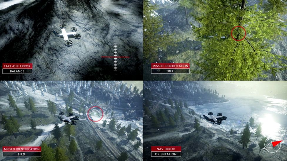 에어심에서 4개의 시뮬레이션된 드론이 숲 속을 날아간다.(사진=마이크로소프트)