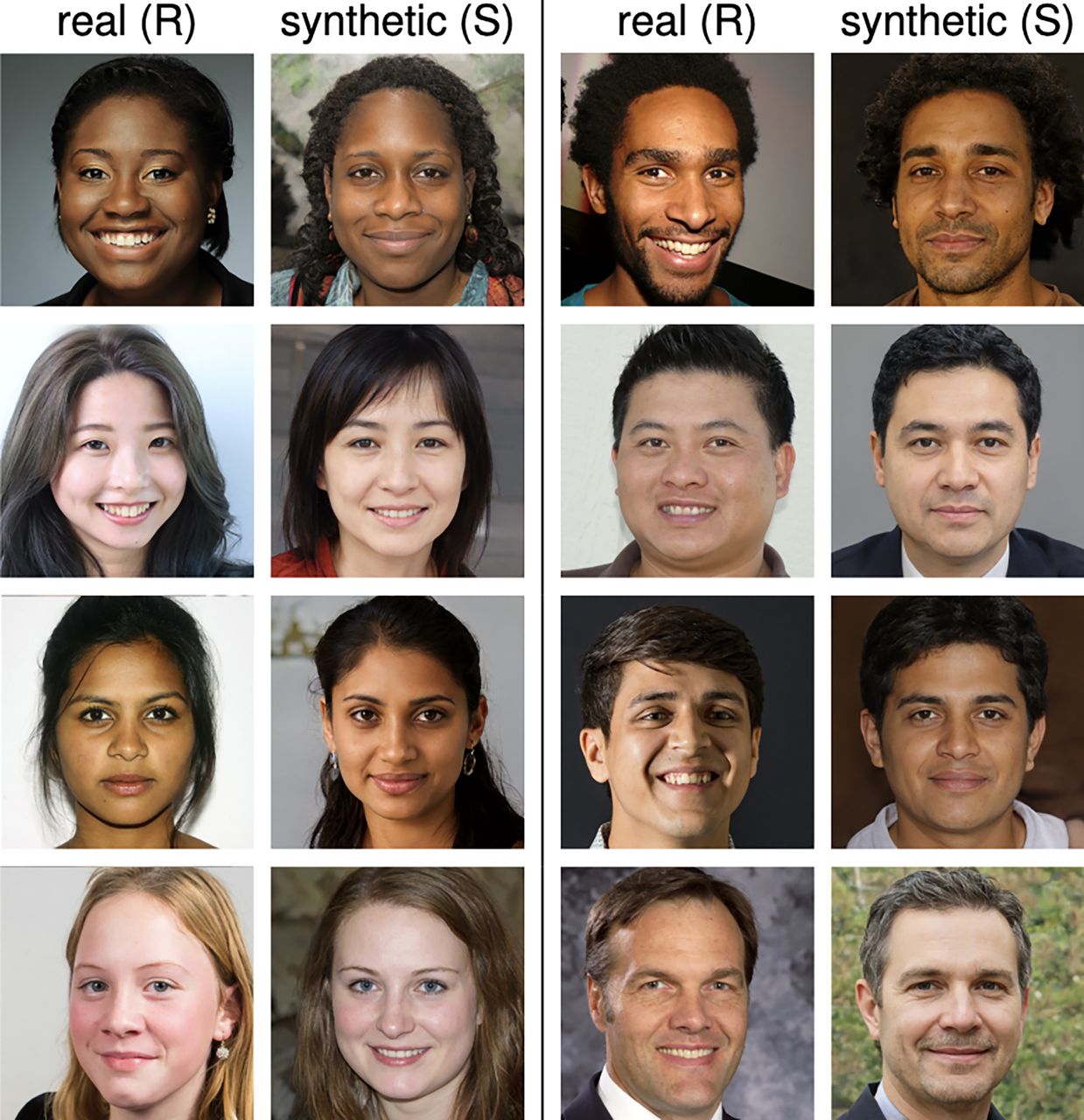 AI 합성(S) 얼굴은 실제(R) 얼굴과 구별되지 않으며 더 신뢰받을 수 있다.(사진=PNAS)