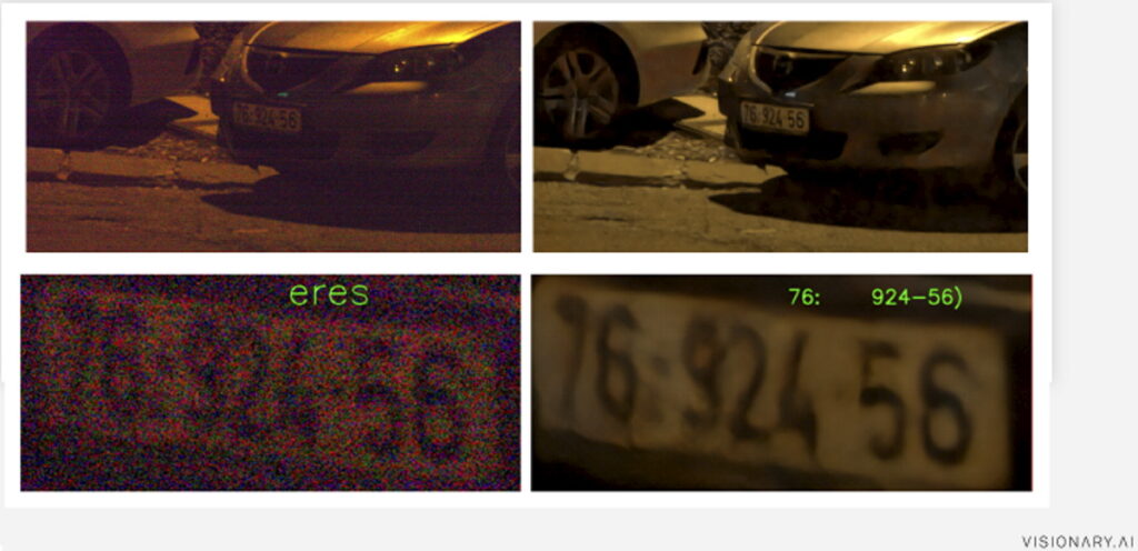 번호판은 소프트웨어 없이는 거의 읽을 수 없다(왼쪽). 오른쪽 사진은 비전어리 소프트웨어로 보정되었다.(사진=Visionary.ai)
