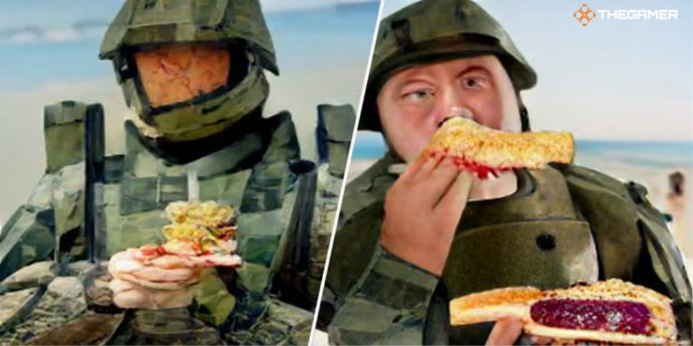 해변에서 피넛버터 젤리 샌드위치를 먹고 있는 ‘마스터 치프(헤일로)’. (사진=The Gamer).