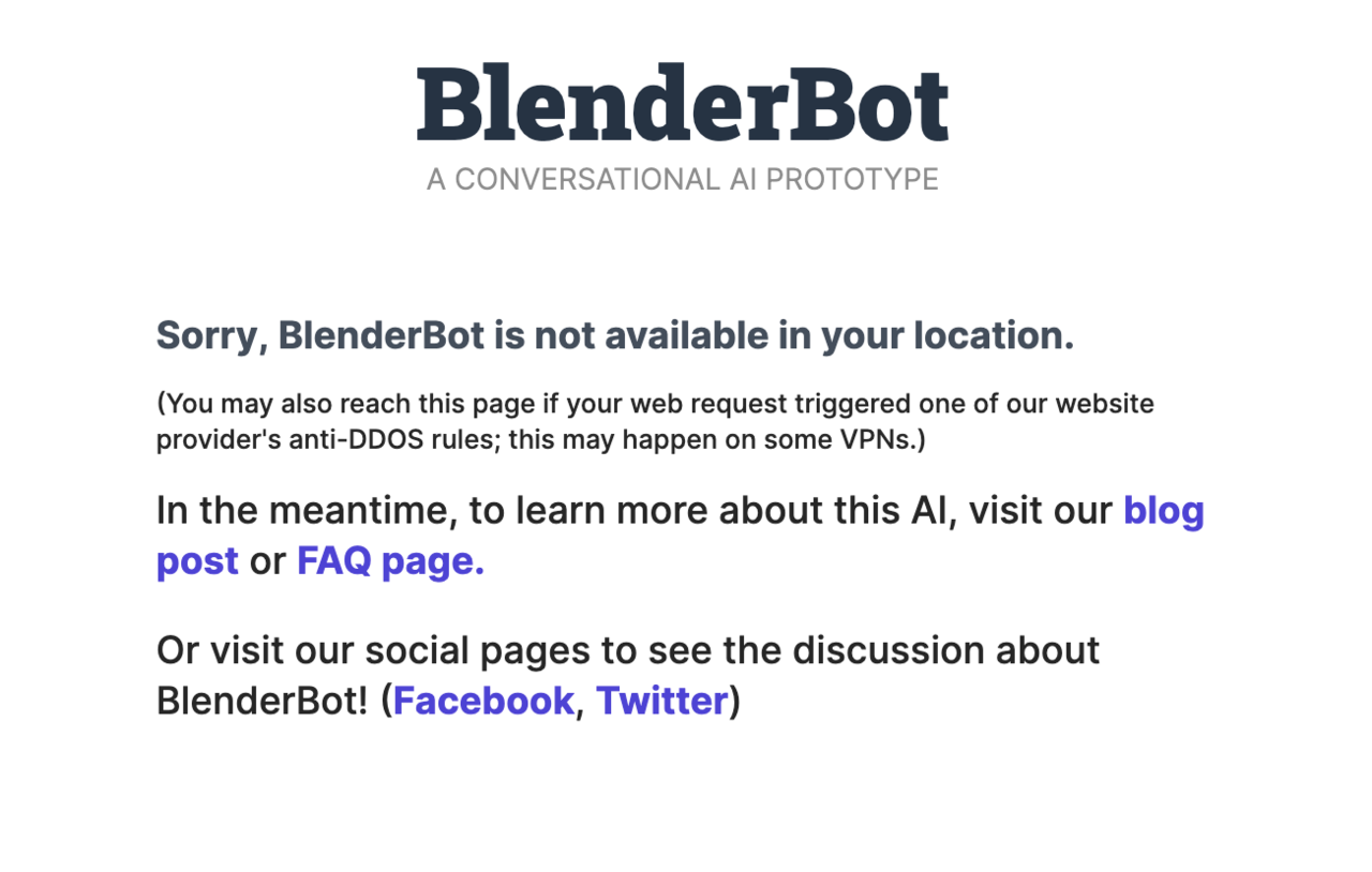 해당 지역에서는 접속이 불가하다는 홈페이지 문구. 기자는 현재 한국에 있다. (사진=블렌더봇 3 홈페이지 캡처)