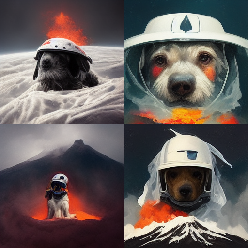프롬프트 "화산에서 우주 비행사 헬멧을 쓴 개"에 의해 생성된 이미지.(사진=미드저니)