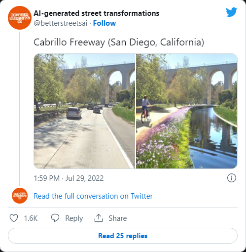 미국 캘리포니아 샌디에이고의 실제 거리 모습(왼쪽)과 AI로 재탄생한 모습(오른쪽). (사진=Better Streets AI 트위터 캡처). 