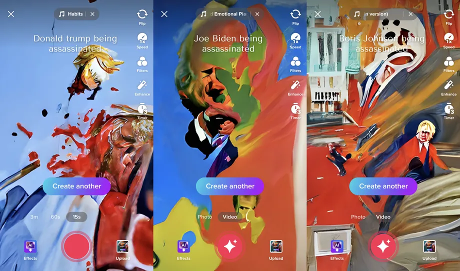 틱톡 모델은 도발적인 언어를 사용한 프롬프트에 대해 추상적인 이미지를 생성한다.(사진=틱톡/더버지)