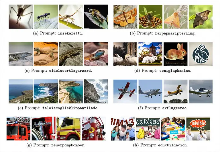 마카로닉 프롬프팅에 의해 구성된 단어를 DALL-E 2가 생성한 이미지.(a)벌레(bugs) (b)나비(butterfly) (C)도마뱀(lizard) (d)토끼(rabbit) (e)절벽(cliff) (f)비행기(plane) (g)소방관(firefighter) (h)교육(education). (사진=https://arxiv.org/pdf/2208.04135.pdf)
