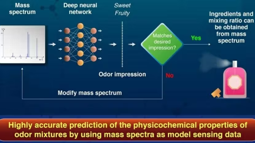 AI를 사용해 원하는 냄새 인상을 입력으로 받아들이고 이를 생성할 수 있는 분자의 질량 스펙트럼을 예측하는 모델을 개발했다. (사진=됴쿄 공과대학)
