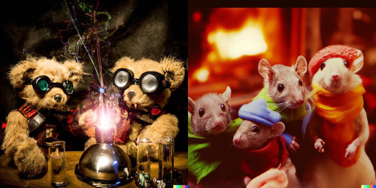 ’매드 사이언티스트’처럼 스팀펑크 분위기로 반짝이는 화학물질을 조합하는 테디 베어들’(좌) / ‘모자를 쓰고 난로 옆에 옹기종기 모여 있는 쥐 가족을 담은 마이크로 35mm 필름 사진’(우) (사진=오픈AI)