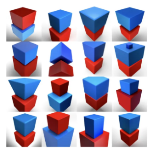 달리2는 ‘파란 정육면체 위에 놓인 빨간 정육면체’처럼 둘 이상의 대상을 둘 이상의 속성과 결합하라고 요청하면 결과물 생성을 힘들어 합니다.(사진=HahDork)