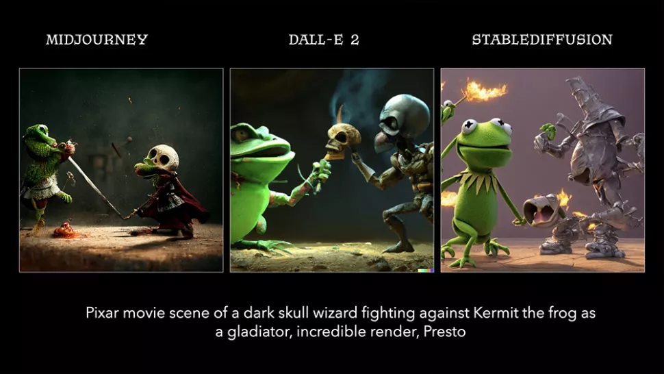 미드저니(좌), 달리(중) 및 스테이블 디퓨전(우)에서 생성한 프롬프트 ‘검투사로서 개구리 커밋과 싸우는 검은 해골 마법사의 픽사 영화 장면, 놀라운 렌더링, 프레스토’의 이미지(사진=트위터)