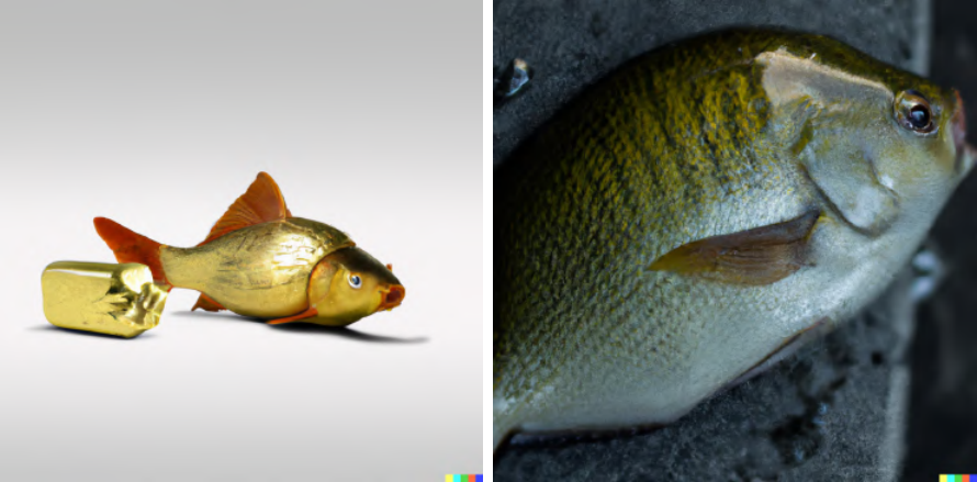 금붕어(goldfish)와 금(gold) 붕어(fish)를 동시에 생성한 달리2 (사진=arXiv 'DALLE-2 is Seeing Double: Flaws in Word-to-Concept Mapping in Text2Image Models')