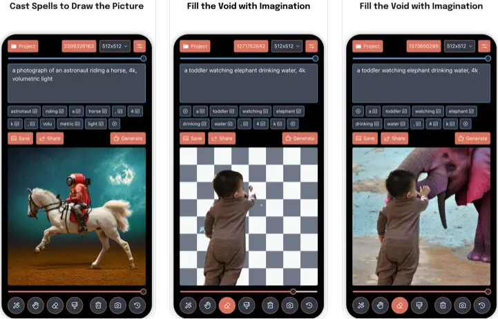 생성 화면(왼쪽), 인페인팅 전 입력 사진(중간) 및 인페인팅 후 생성 사진(오른쪽)을 보여주는 아이폰의 ‘드로팅스’ 앱 스크린샷 (사진=애플)