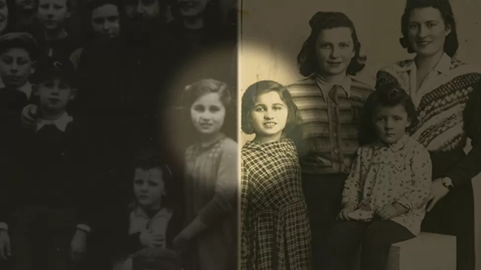 가족사진(오른쪽)과 난민 캠프의 단체 사진에 있는 블랑쉬 할머니 모습(사진=미 홀로코스트 기념 박물관, BBC 편집)