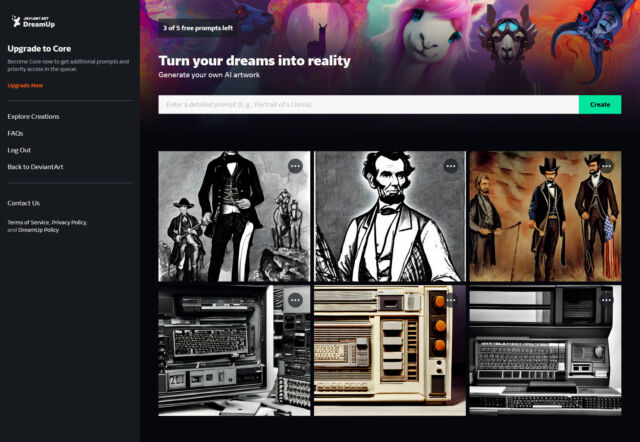 ‘카우보이로서의 에이브러햄 링컨, 빈티지 컴퓨터, 35mm 사진’으로 드림업을 테스트한다.(사진=데비안아트)