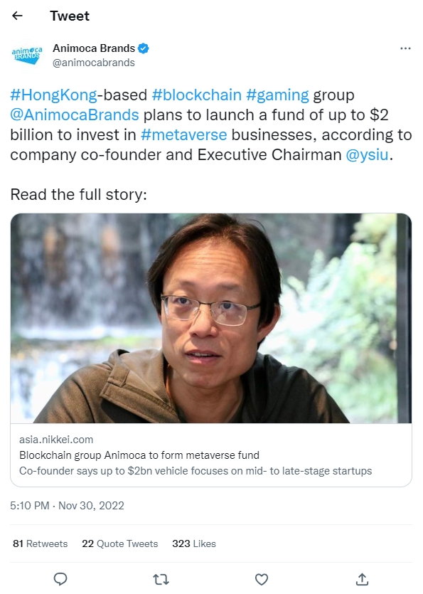 얏 시우 회장의 닛케이 인터뷰 내용을 소개한 애니모카브랜드의 게시물 (사진=트위터)